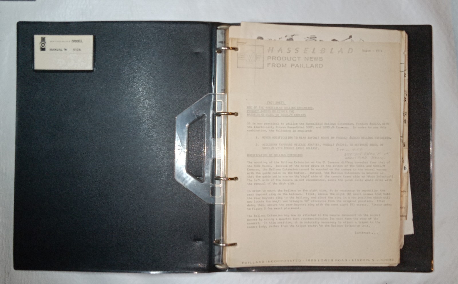 Original Hasselblad 500EL Body Spare Parts Catalog & Repair Manual #4124