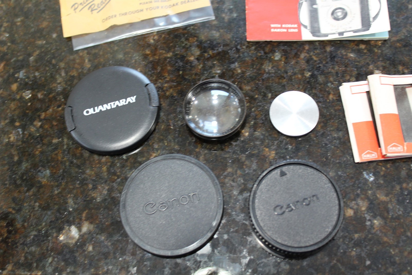 Vintage Camera Related Items Lot Advertising Bulbs, Slides, Lanyard, Lens Caps +
