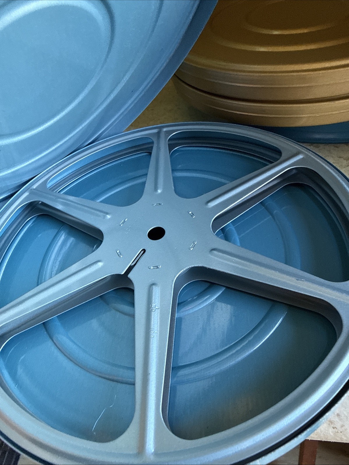 Vintage Compco Film Carrying Case with Reels and Tins Blue & Gold 7.875×7.5×4.4”