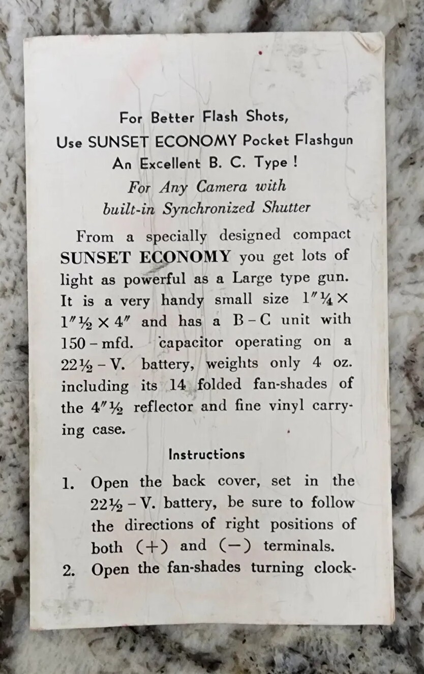 Original Manual for the Vintage Sunset Pocket Camera Flash Gun