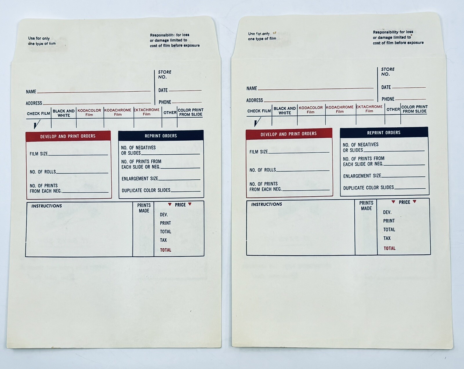 Vintage Kodak Film Developing Prints Negatives Envelopes Paper Lot of 2 Unused