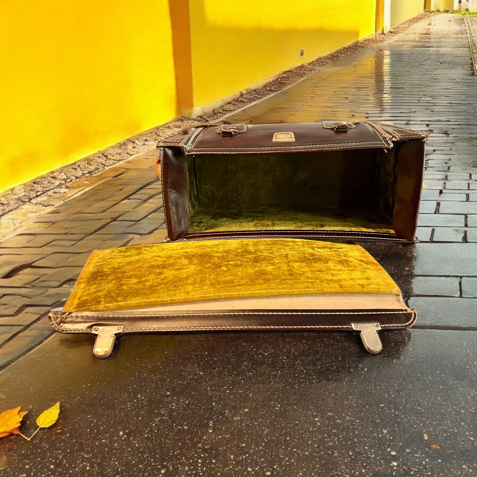 Vintage 1960s Homa Leather Camera Bag-Cowhide-Green Velvet-Midcentury Case-Retro