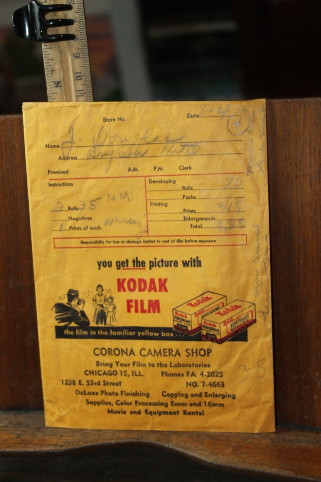 Vintage Empty Kodak Film Envelope Corona Camera Shop Chicago Illinois 1950’s