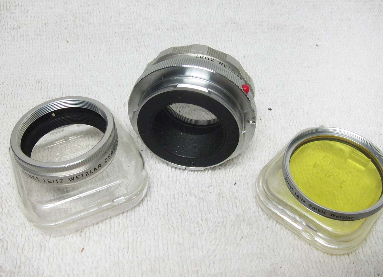 THREE Vintage Leitz/Leica Accessories for 9cm Elmar & No. 1 YELLOW Filter