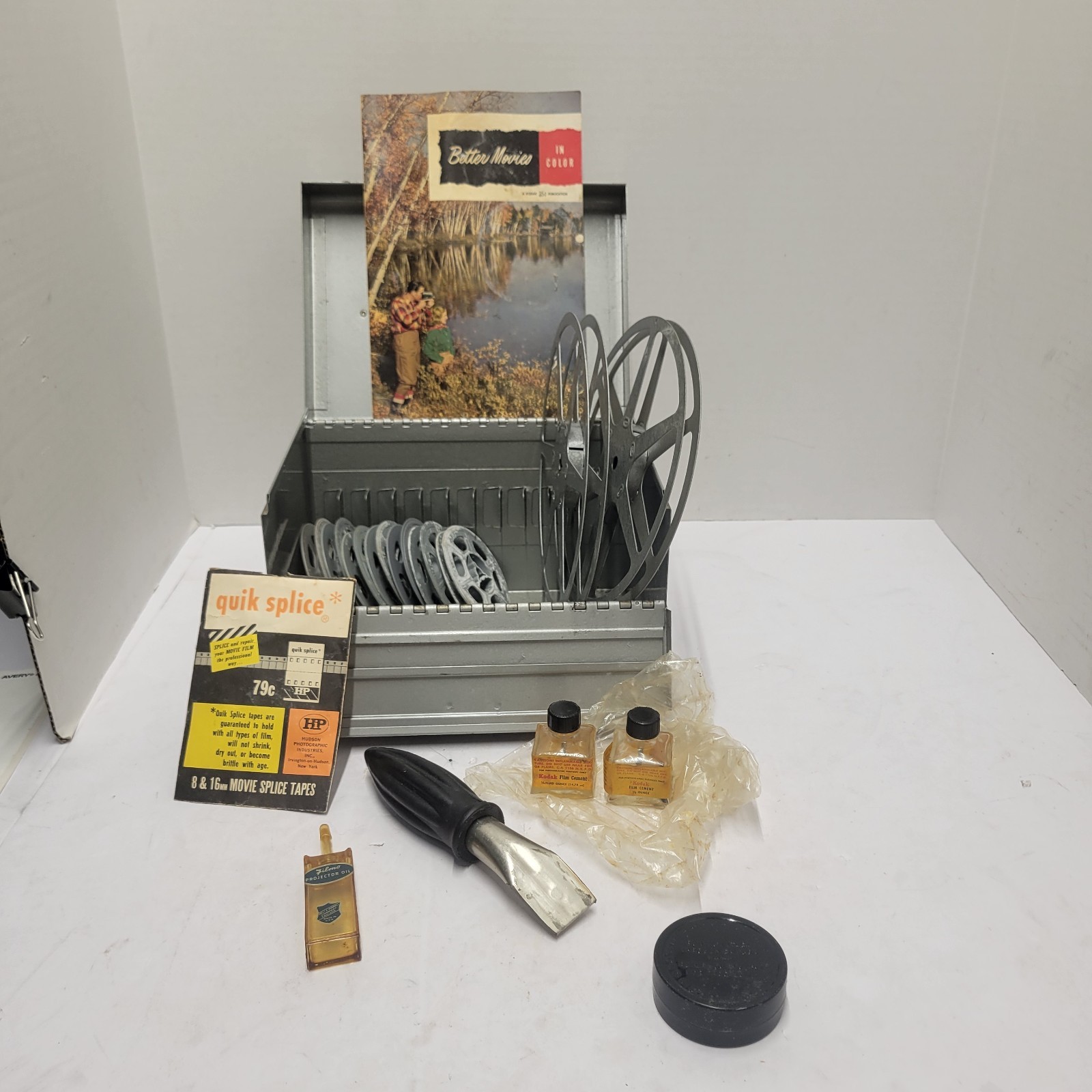 Vtg Metal Film Case Filled With Reels, Kodak Cement Filmo Projector Oil, Tin