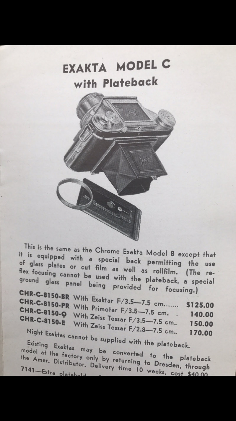 1939 Exakta brochures Kine VP Camera Night, B C Zeiss Hugo meyer lens price list