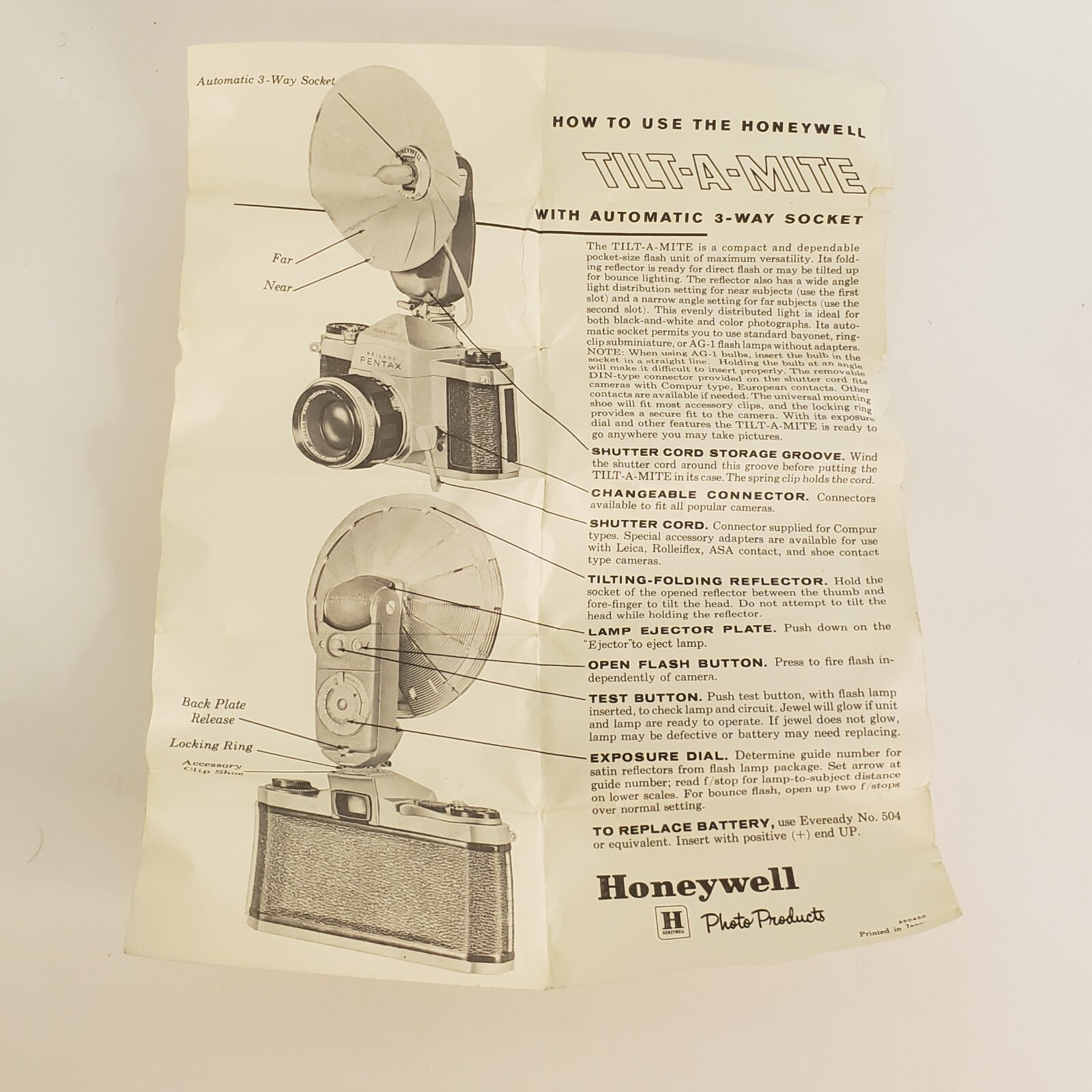 Vintage Honeywell Tilt-A-Mite Camera Equipment Flash Collapsible Fan untested