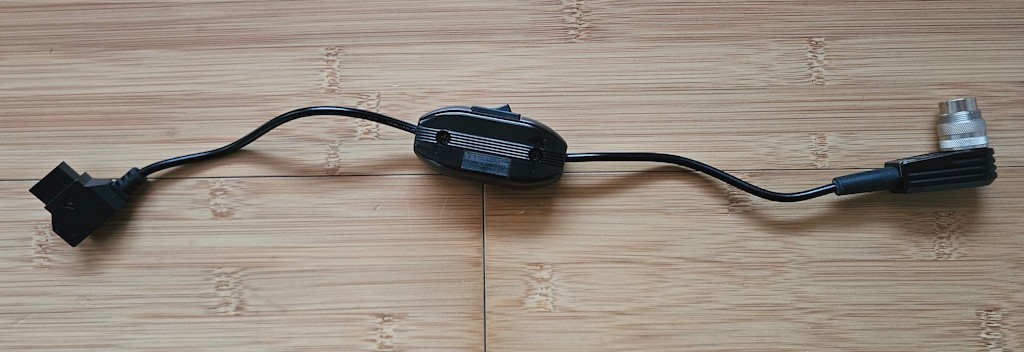 Bolex EBM 7-pin Right-Angle Power Cable w/Switch, Unregulated D-Tap, ~45cm (18″)