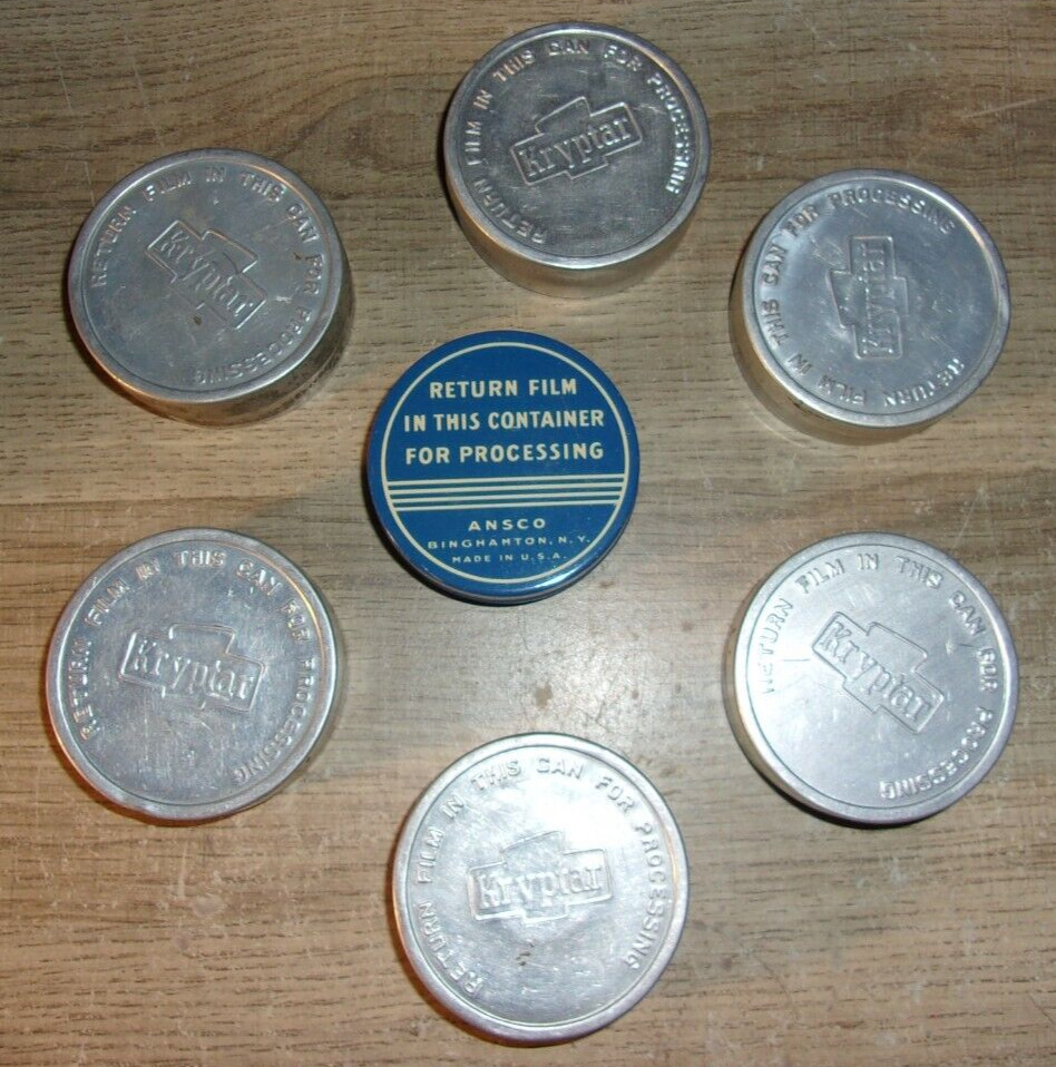 Vintage Lot of 7 Metal 8mm Film Tins Canisters (some with film) Kryptar Ansco 2″