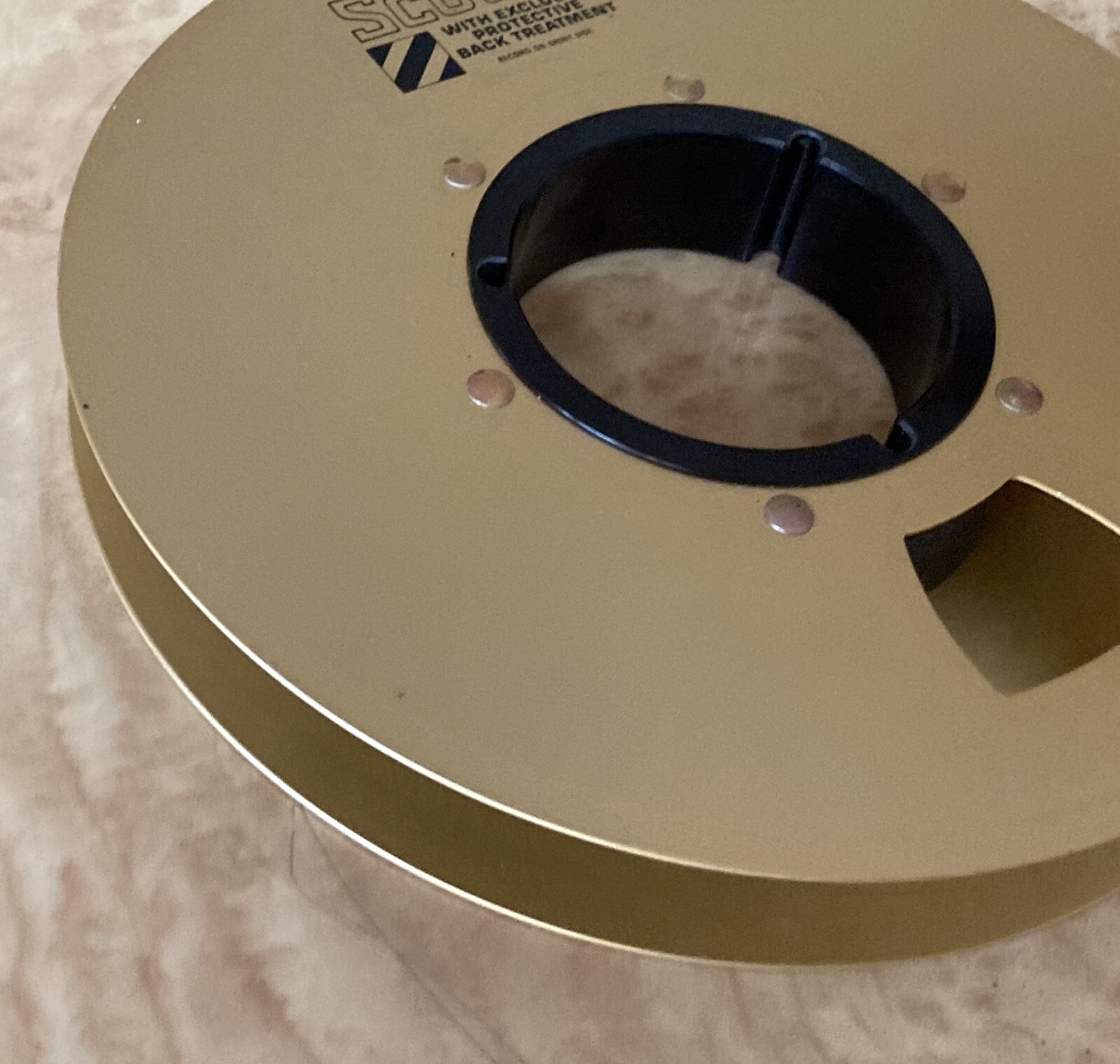 (2) – 1” Empty Vintage Scotch Gold Metal Video Take-up 9” Reels Media Room Decor