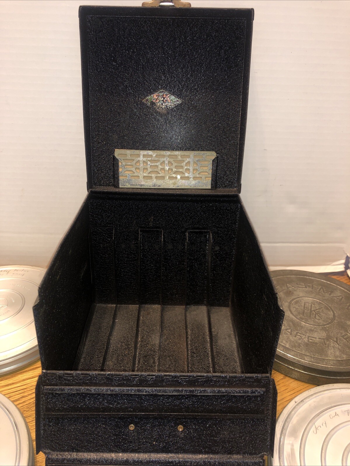 VINTAGE S-K TOOLS BLACK METAL FILM REEL BOX, CASE, TOOL BOX With Film Canisters