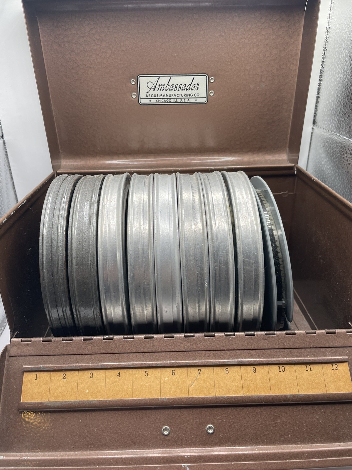 Ambassador Industrial Machinist Tin Box Film Box 8mm Metal Decor W/ Popeye 8mm