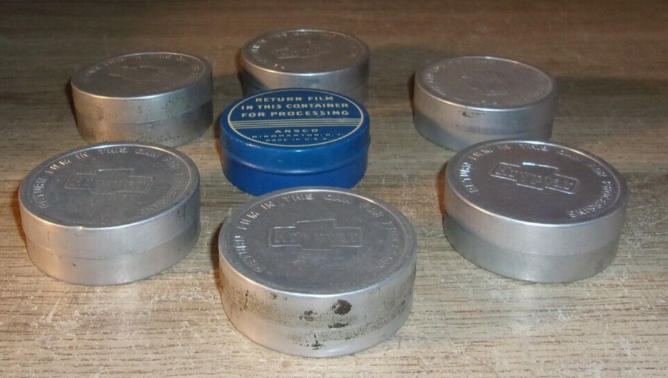 Vintage Lot of 7 Metal 8mm Film Tins Canisters (some with film) Kryptar Ansco 2″