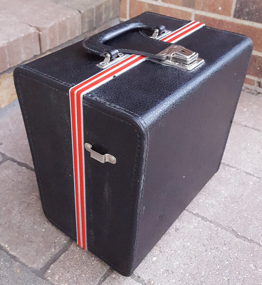 Vtg Camera Case/Box-Black w Red Stripe-Clasp-No Key-Strap-Film Photography Old..