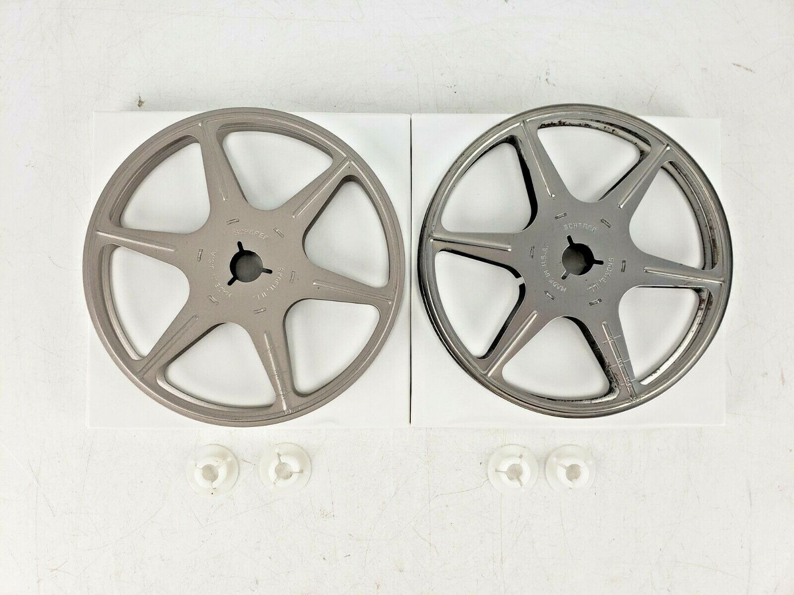 Lot of 2 Scherer 5″ Super 8 8mm Metal Reels Boxes Adaptors