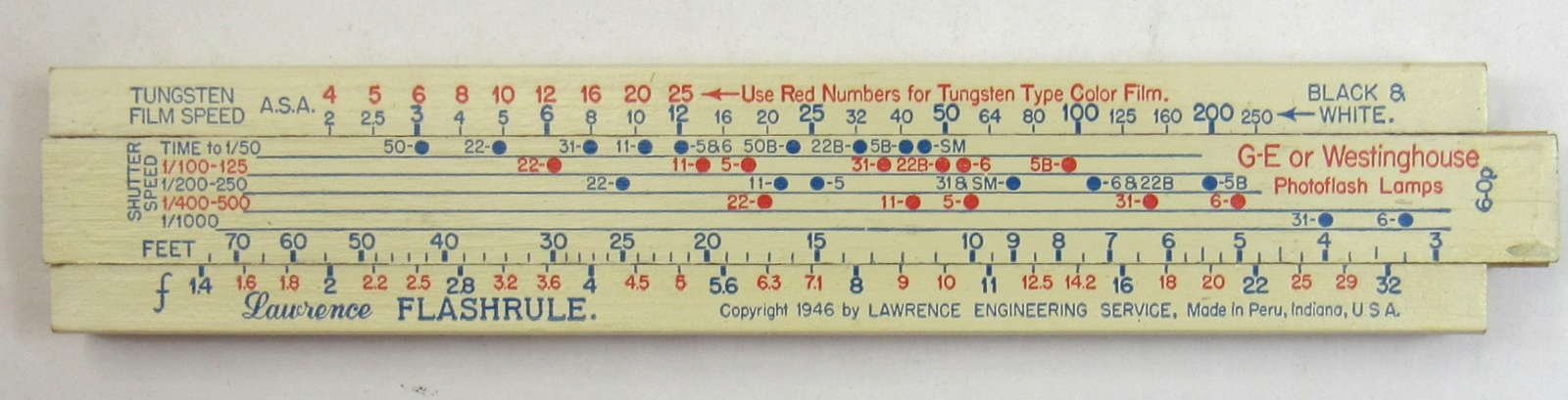 1946 Lawrence Flashrule Photography Flash Slide Rule Film Speed ASA Peru IN USA
