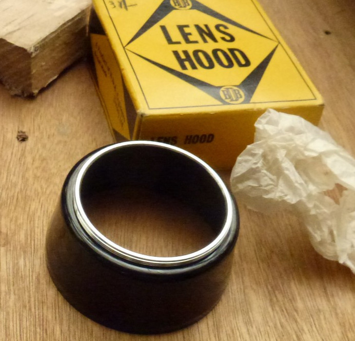 52mm screw in standard lens hood plated brass mount plastic front GB made 1960