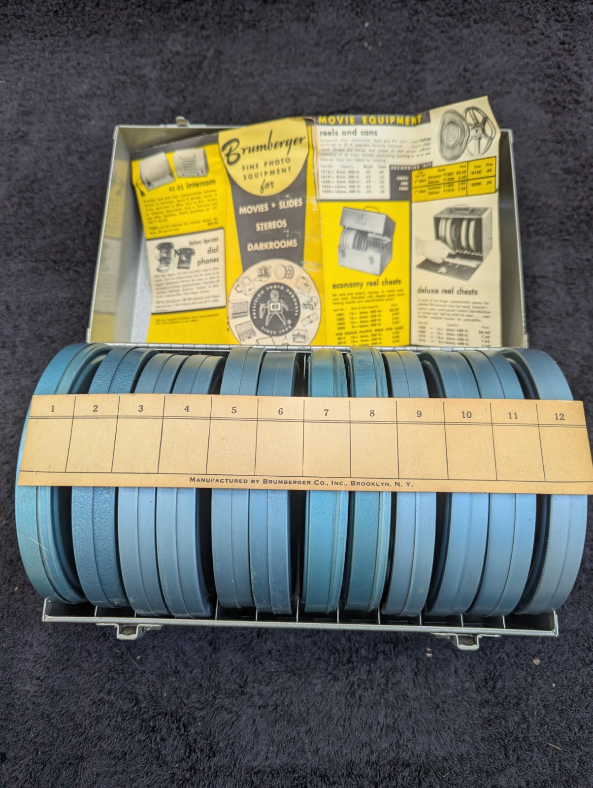 Vintage Brumberger Steel Storage Box for 12 8mm Film Reels with 12 Cans & Reels