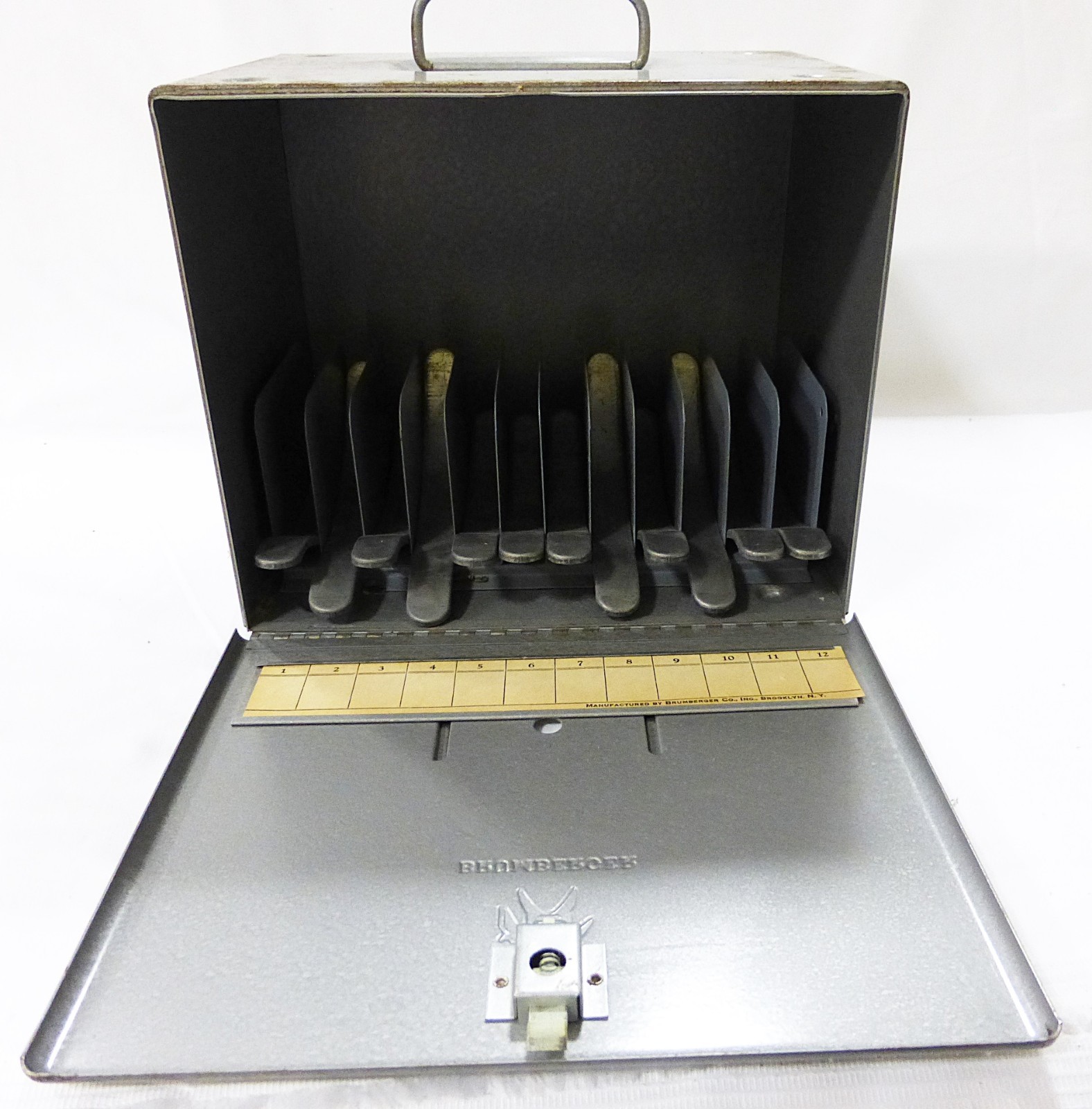Vtg Brumberger 8 mm metal reel holder case storage bin 1950 mid century rustic