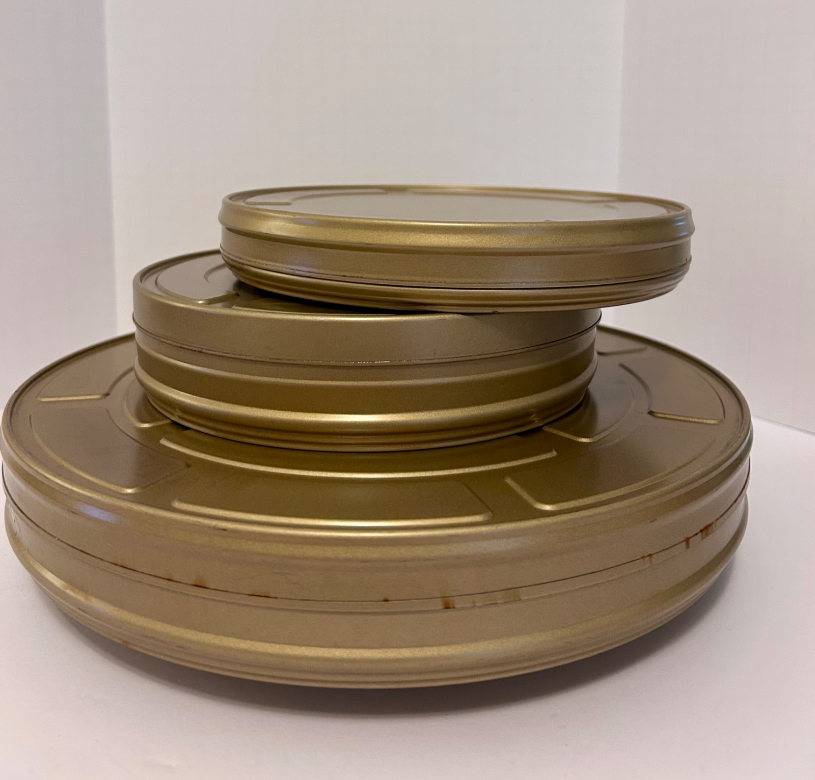 16mm/35mm Empty Metal Movie Film Reel Canisters 3pc Lot Golden Brown