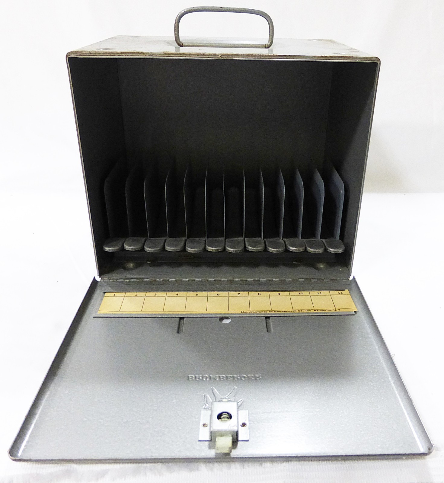 Vtg Brumberger 8 mm metal reel holder case storage bin 1950 mid century rustic