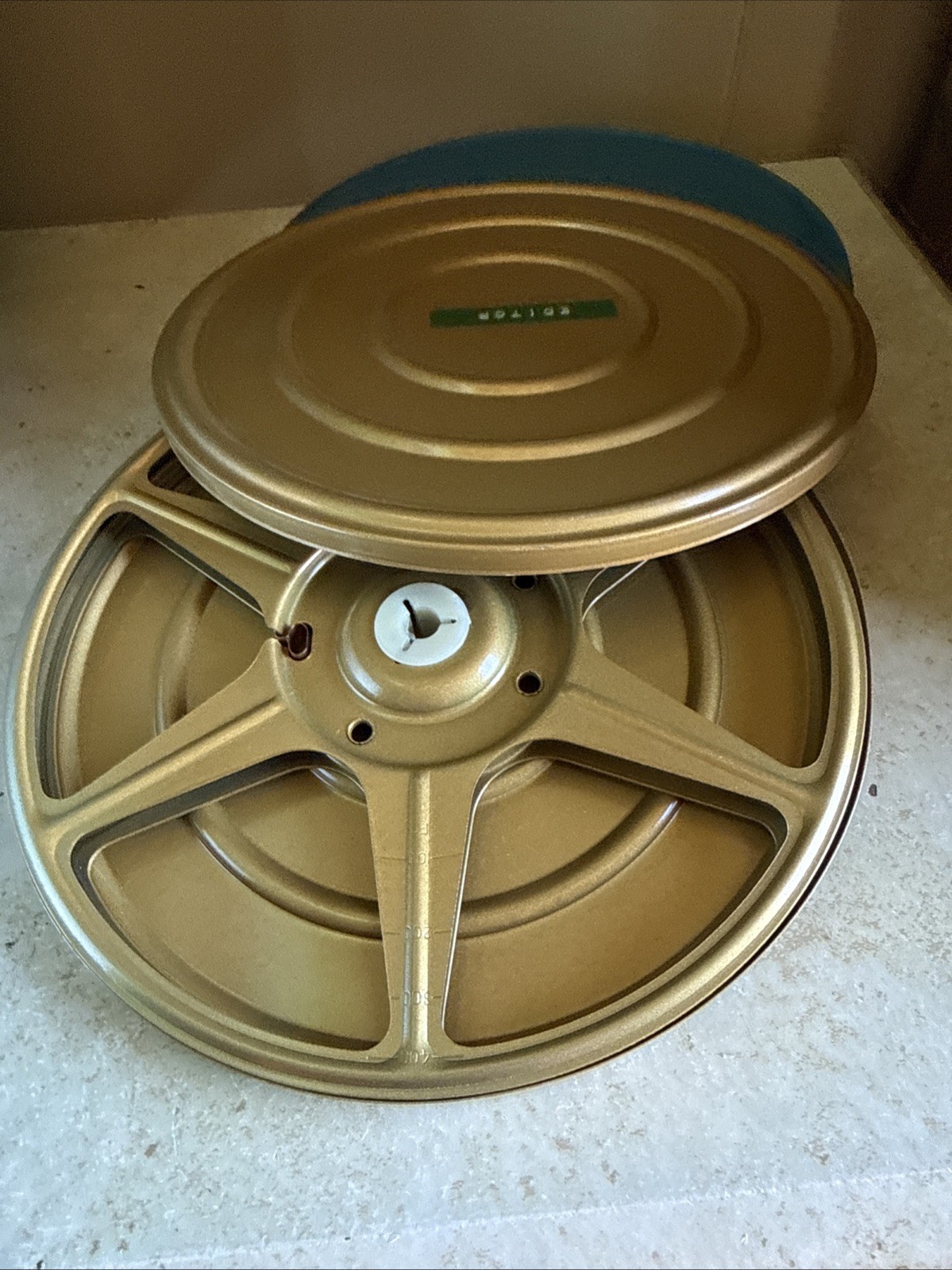 Vintage Compco Film Carrying Case with Reels and Tins Blue & Gold 7.875×7.5×4.4”