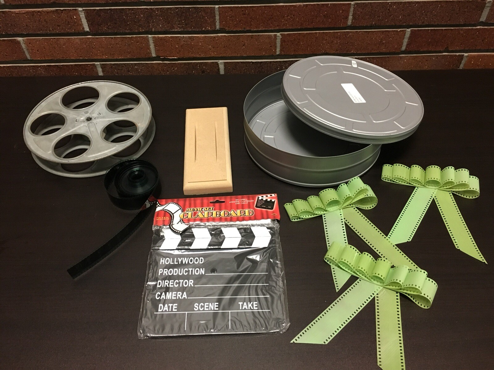 Hollywood Party Set 35mm Film Reel W Stand Bow Clapboard Film Can and Filmstrip