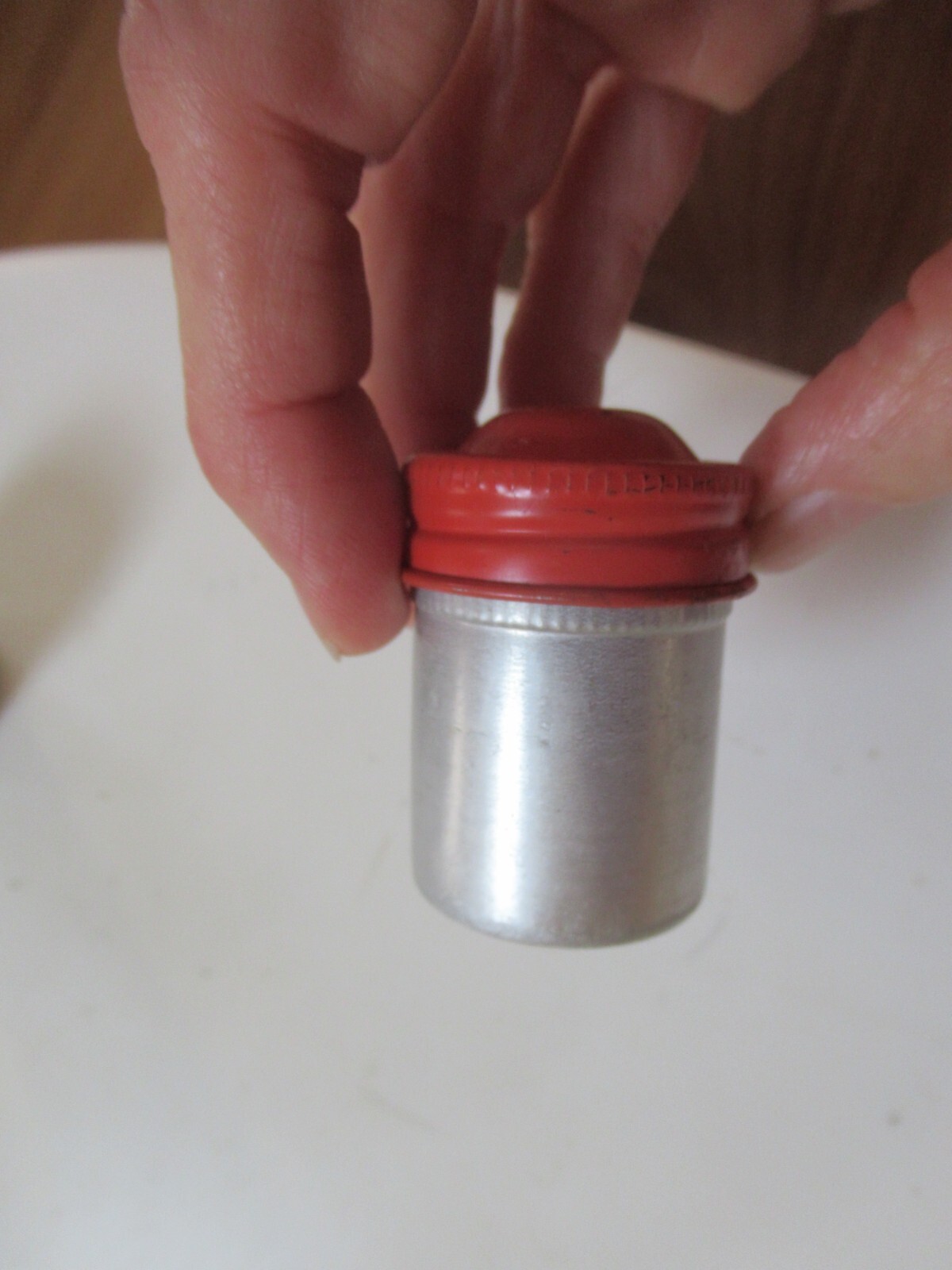 Lot of 2 Vintage Unbranded Camera Film Metal Canisters – Gray Top and Orange Top