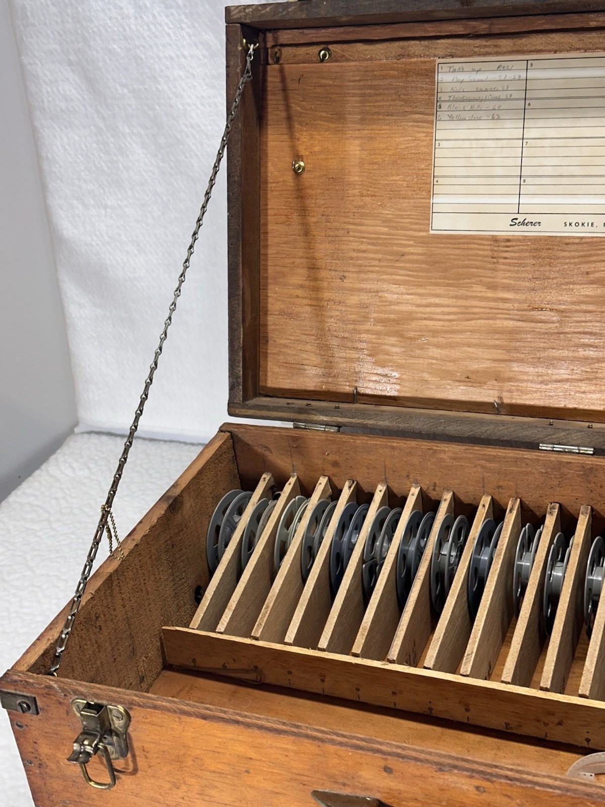 Large Wood Trunk Carrying Case for Vintage w 19 8mm Reels, Kalart Splicer + Misc