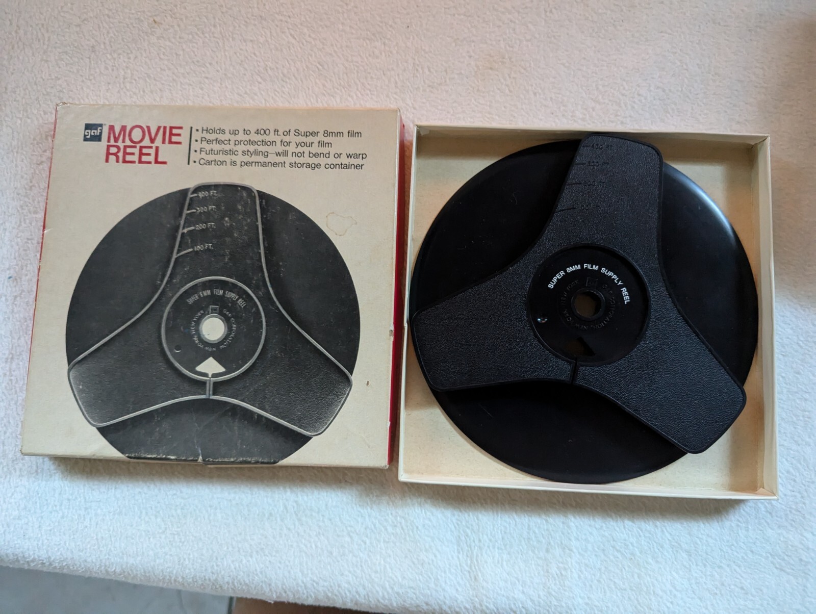 Vintage GAF Super 8 8mm 400′ Empty Plastic Movie Film Reel in Box