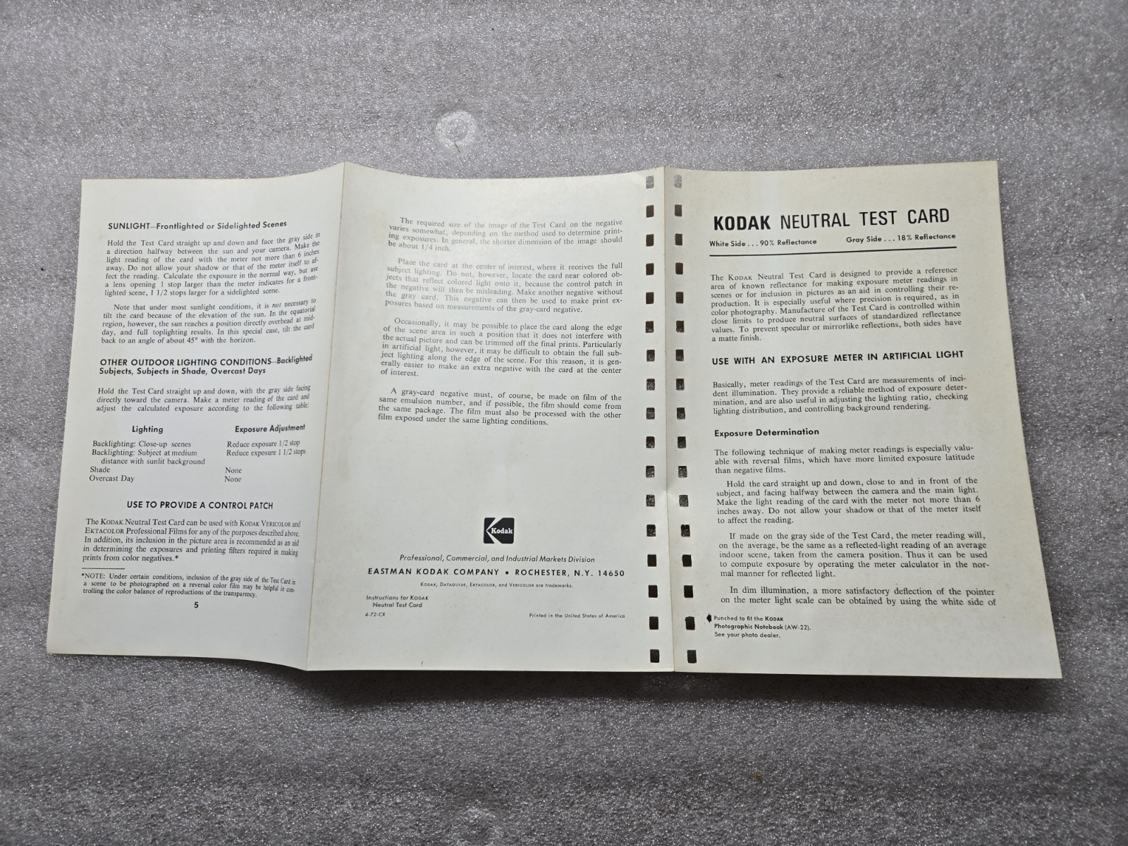 Vintage 1974 Kodak Neutral Test Card Cat 152 7995 4 Card & Complete Instructions