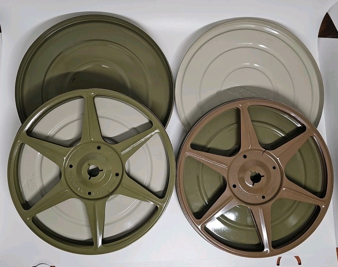 Vintage Pair Of Super 8mm 7” 400′ Matching Metal Green Movie Film Reels In Cans