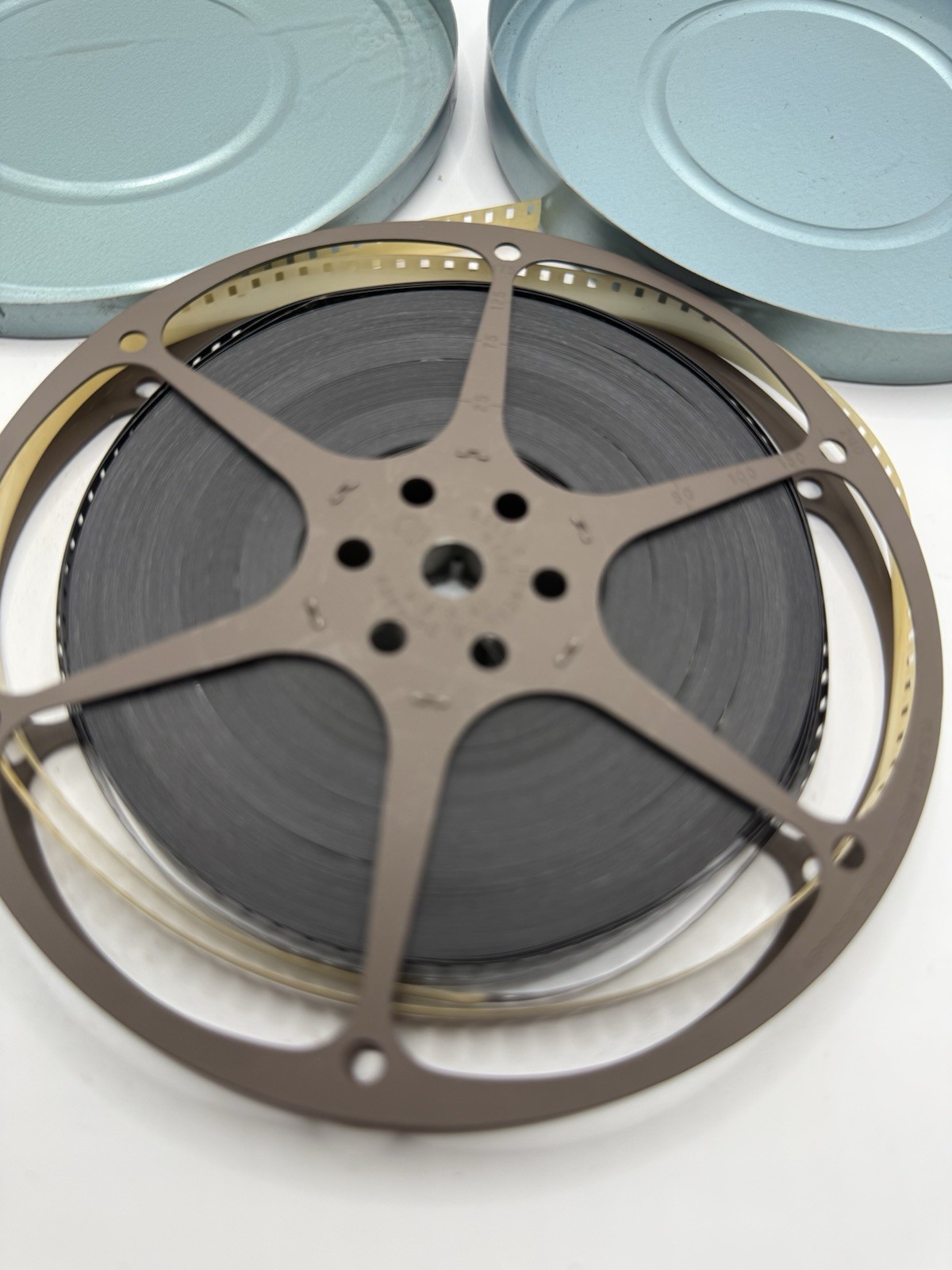 Vintage Blue Metal Film Can Canister 5 1/8″ Diameter & Film Reel
