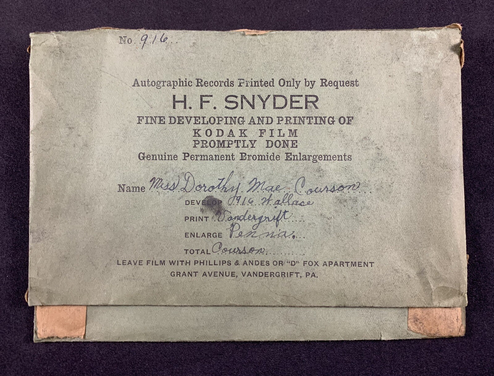 Vintage H.F. Snyder Kodak Film Developer Envelope Vandergrift, PA