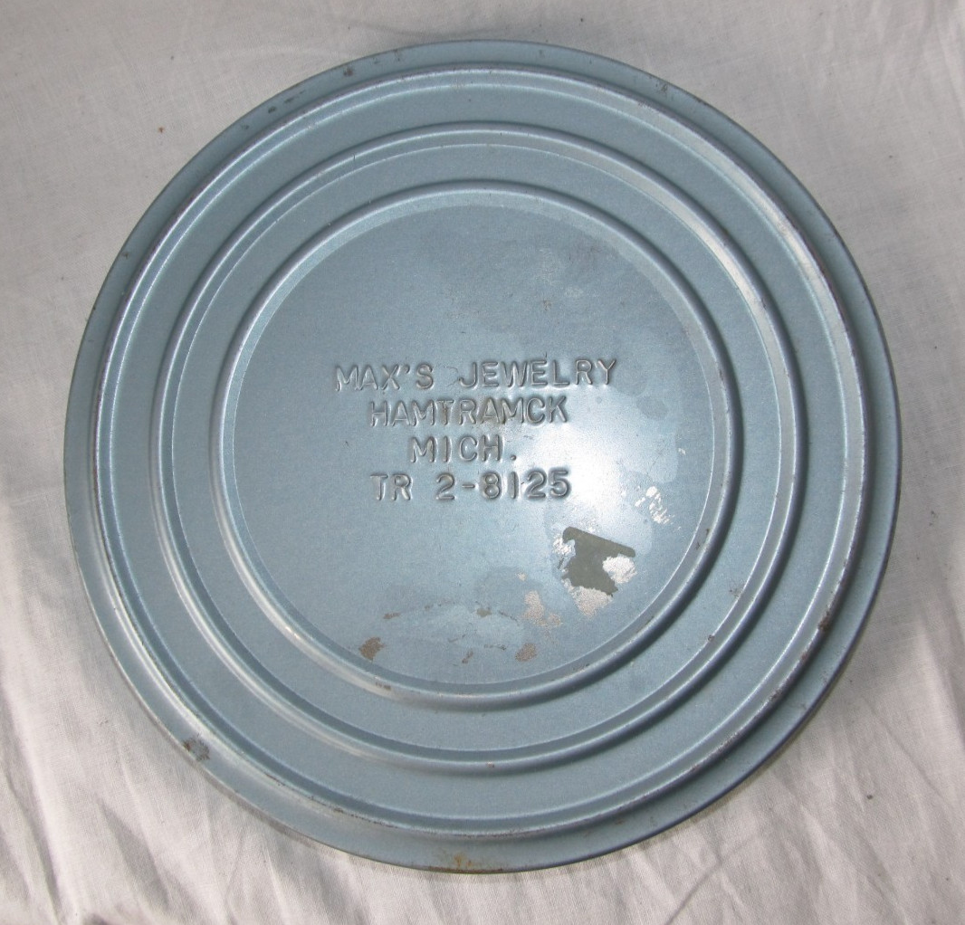 Vintage Max’s Jewelry Hamtramck Metal Tin Canister w/ Film Reel 7″ Blue Color