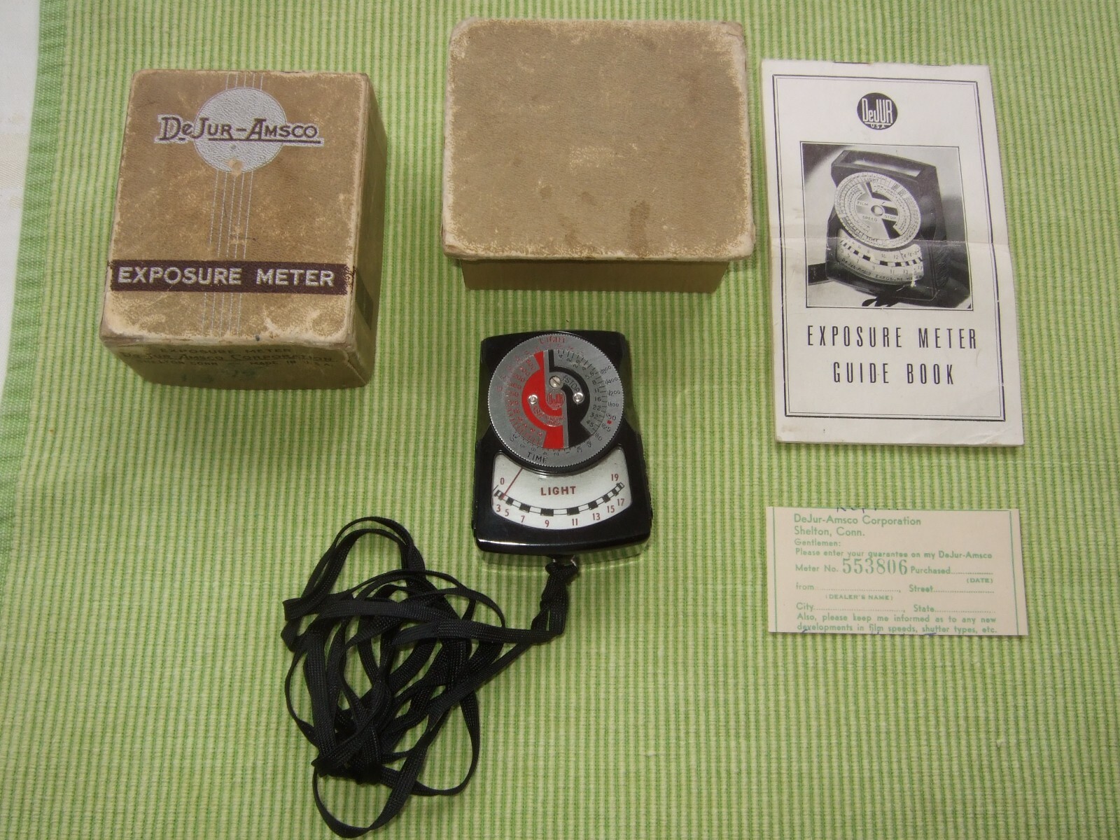 Vintage DeJur Exposure Meter with Strap ~ Made in USA Box Instruction Book 5B