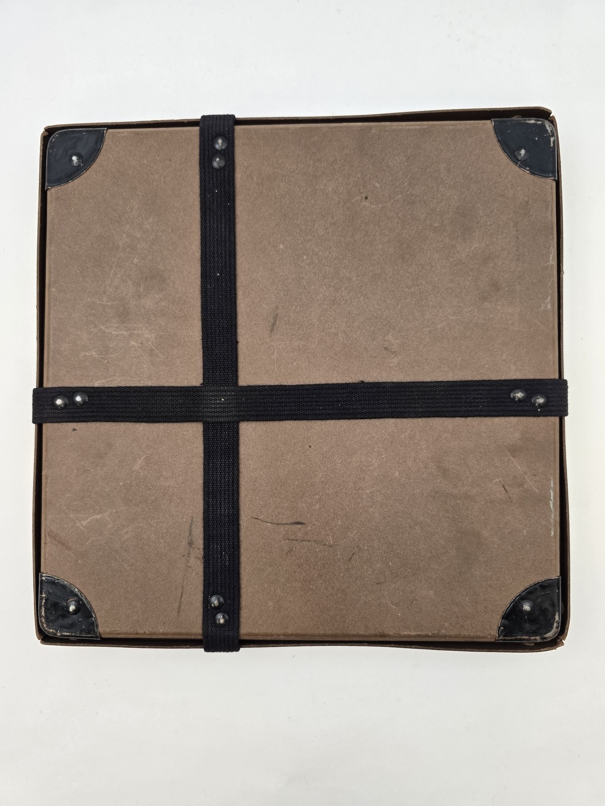 Vintage 11″ Square Fiberbilt Shipping Case Metal Corners Fabric Straps 1960s Lab