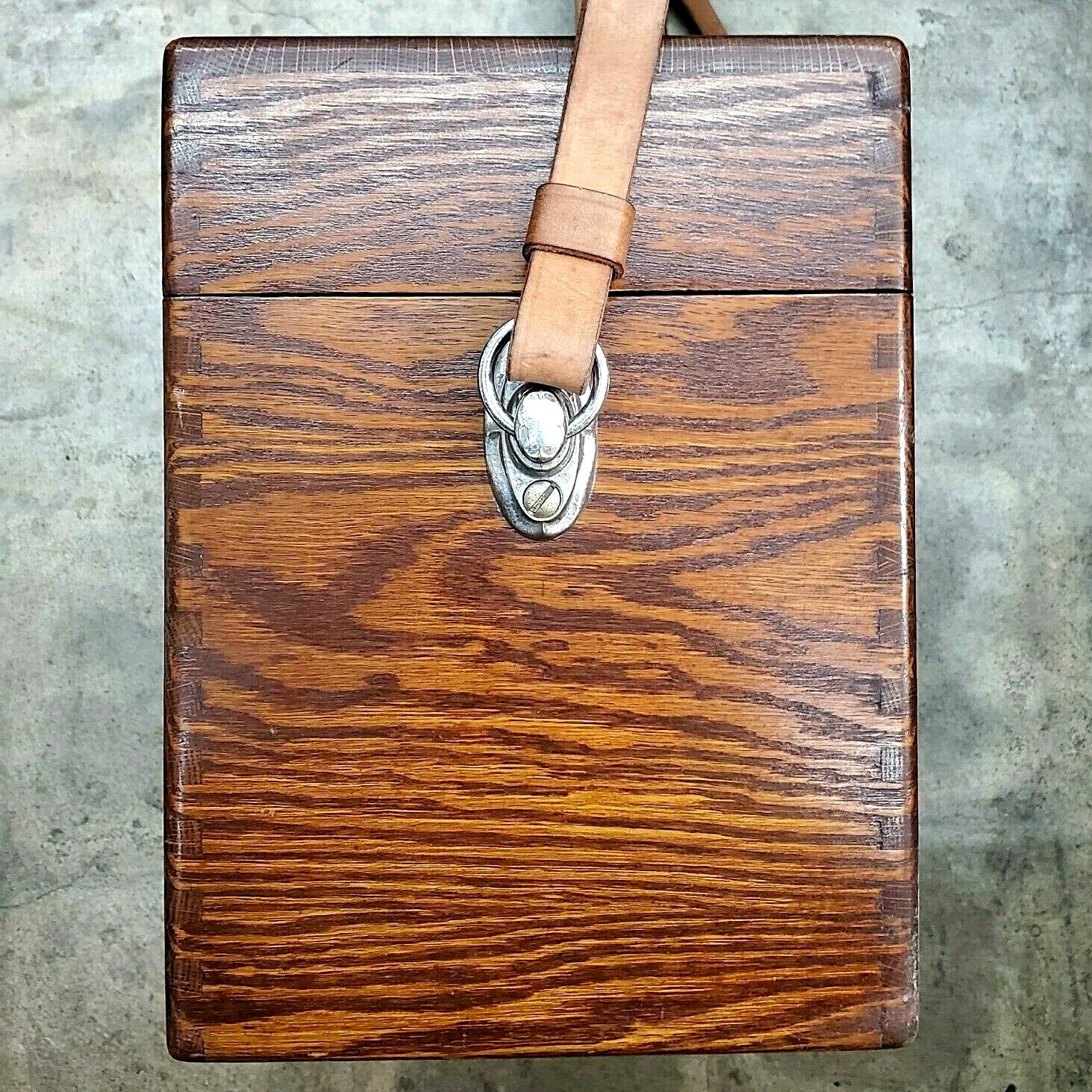 Vintage Heavy Duty Photographers Camera Accessories Box Oak w/Leather Strap
