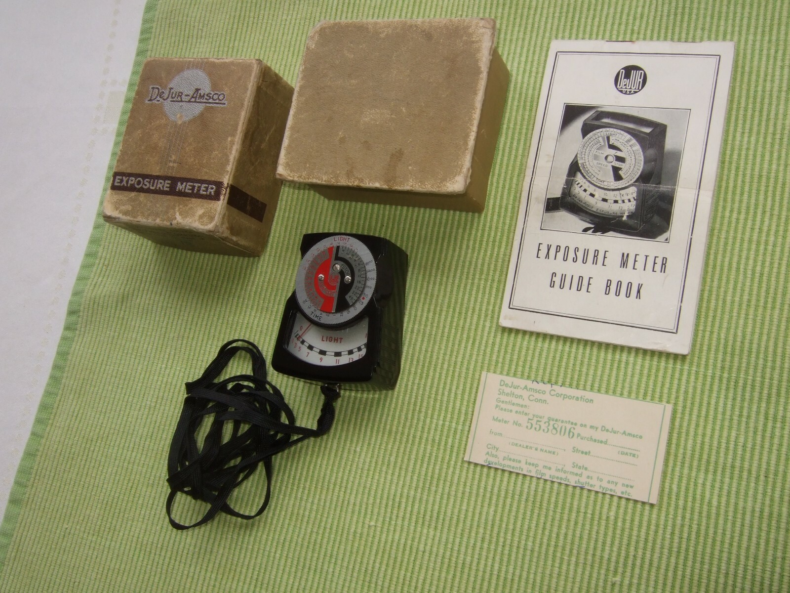 Vintage DeJur Exposure Meter with Strap ~ Made in USA Box Instruction Book 5B
