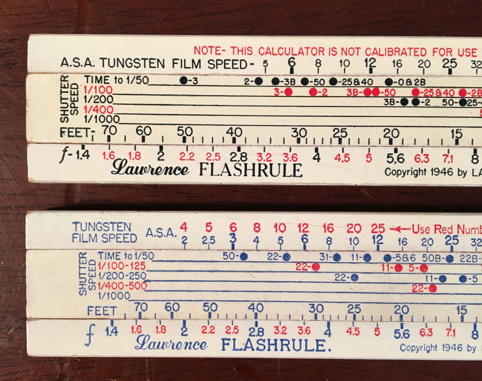 Vintage Pair Lawrence Flashrule Sliderules Calculate Exposure Advertising 1946