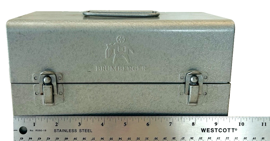 Vtg Brumberger Metal Film Reel Case Chest W/ 5 Scherer Reels & 5 Wards Cans USA