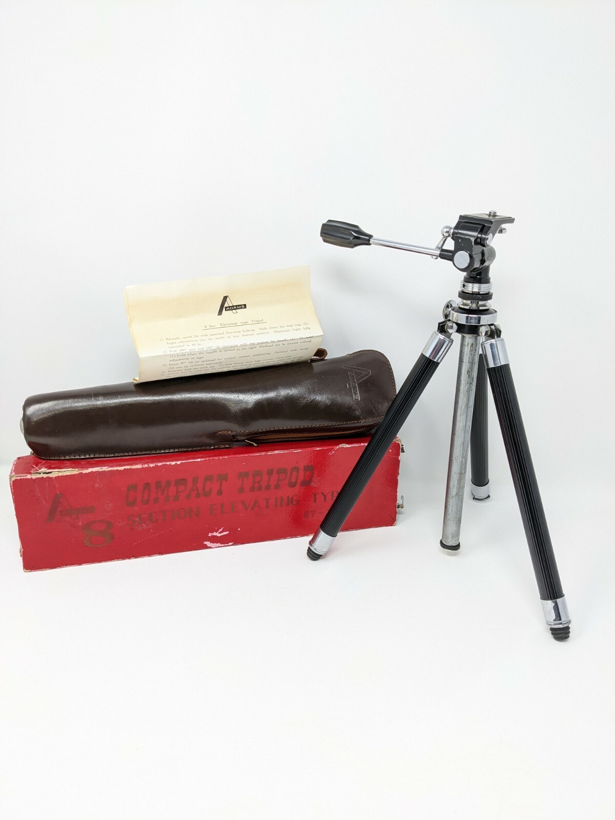 Vintage Adams Compact Tripod 8 Section Elevating Type 67-2145 W/ Carrying Case