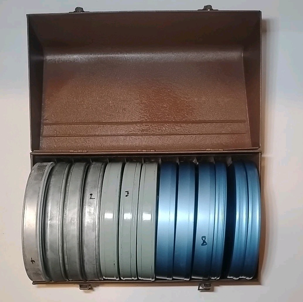 13 Vintage 8mm Film Empty Canister Reels Blue Grey Green + Brown Metal Case