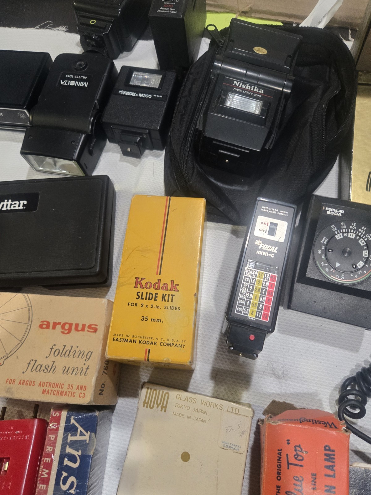 Huge Vintage Camera Accessory Lot Flashes Film Meters Filters Tripods Manuals