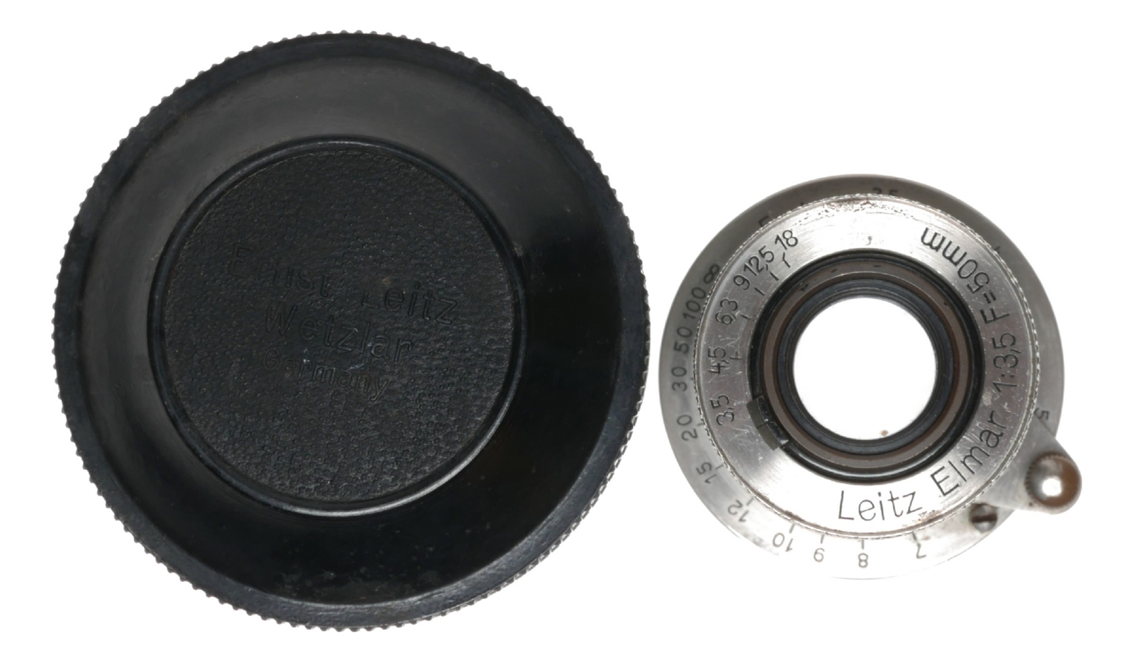 Leitz Elmar 1:3.5 F=50mm SM Leica camera lens rare in bakelite keeper