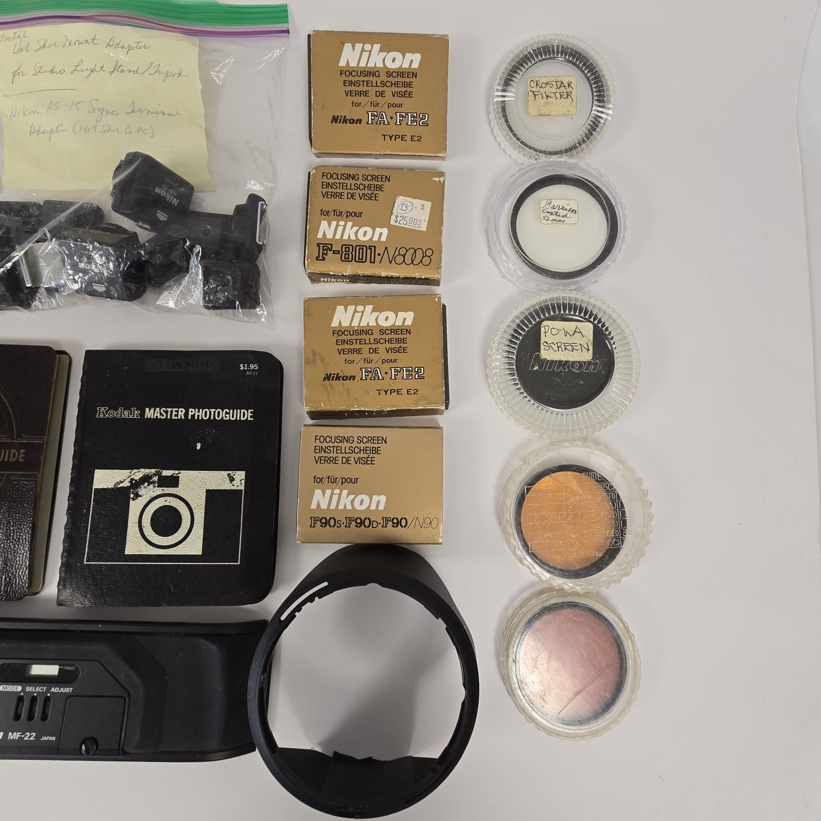 HUGE Lot of VINTAGE Nikon & Kodak Photography Equipment Gear Filters Hoods Flash