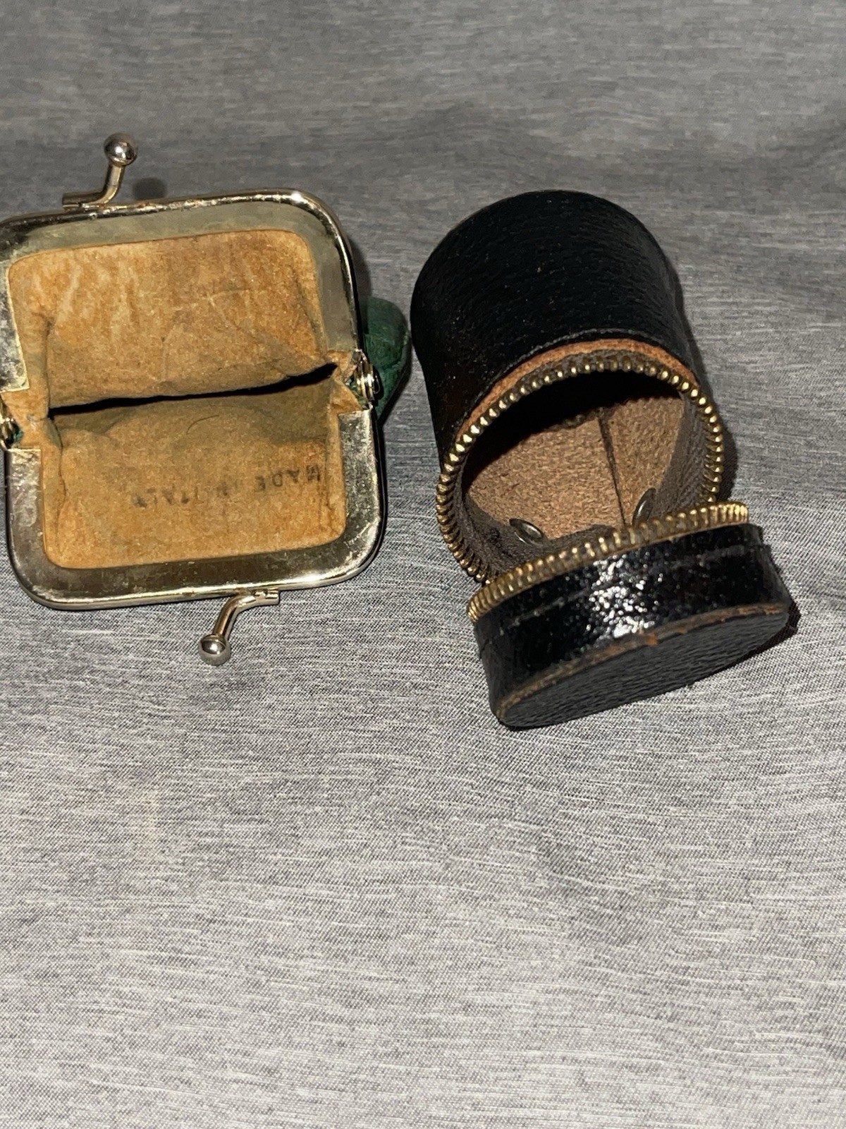Lot Of 2 Vintage Mini Zipper Top Film Canister & Italian Kiss Lock Mini Coin Bag