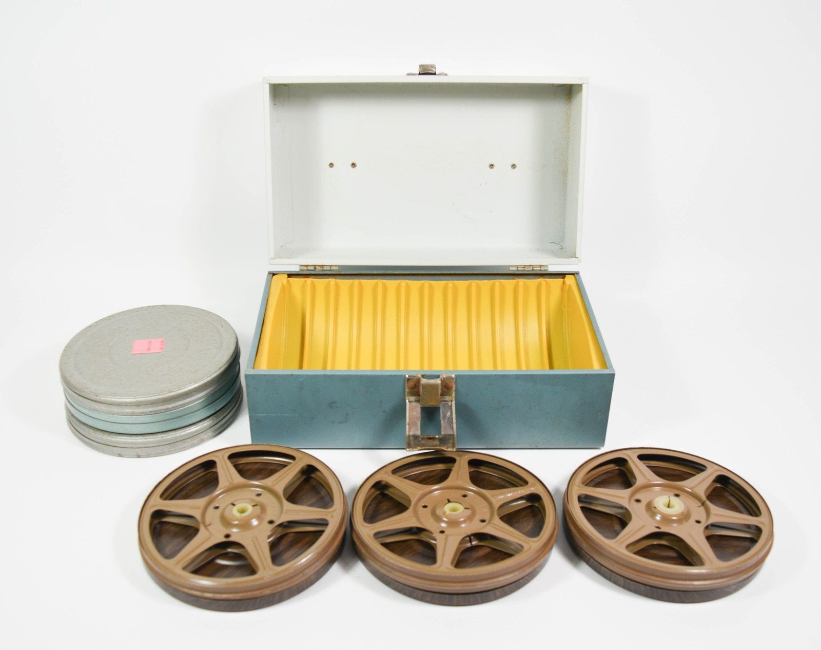 VTG SV Smith Victor Metal Blue Gray Case + 6 Empty Reel Film Cases 8mm Harwood