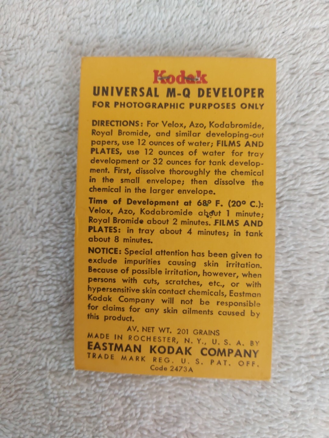 KODAK 1940 circa UNIVERSAL M-Q DEVELOPER EASTMAN KODAK COMPANY CODE 2473 A