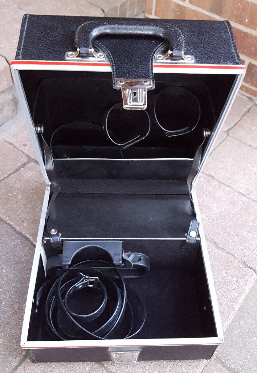 Vtg Camera Case/Box-Black w Red Stripe-Clasp-No Key-Strap-Film Photography Old..